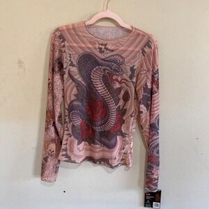 Miami Ink Tattoo Mesh Top Long Sleeve Cobra Devil Graphic NWT